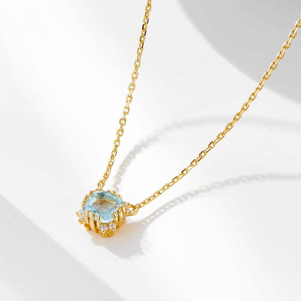 925 Sterling Silver Geometric Round Natural Topaz Pendant Necklace Elegant Necklace