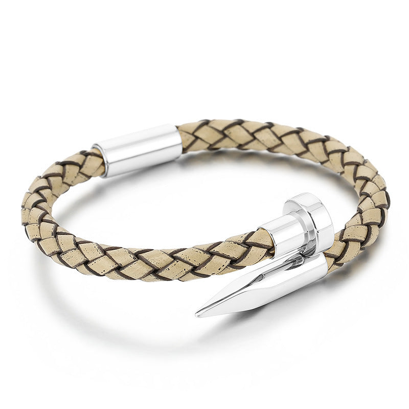 Cowhide Woven Stainless Steel Nail Bracelet – Men's Magnetic Buckle Leather Bracelet