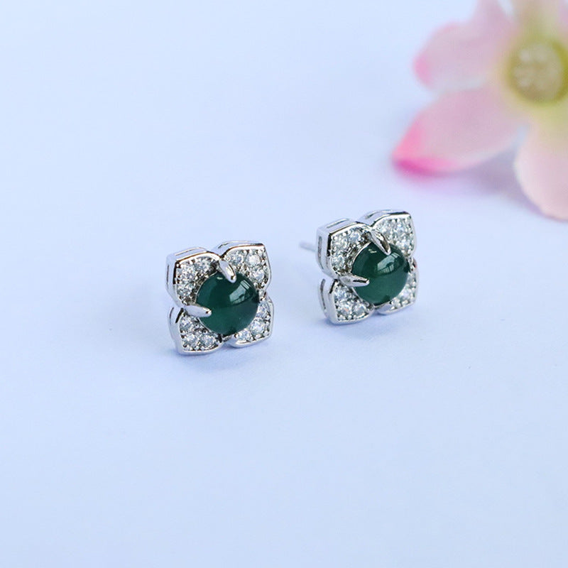 Blue-Water Jadeite Four-Petal Stud Earrings