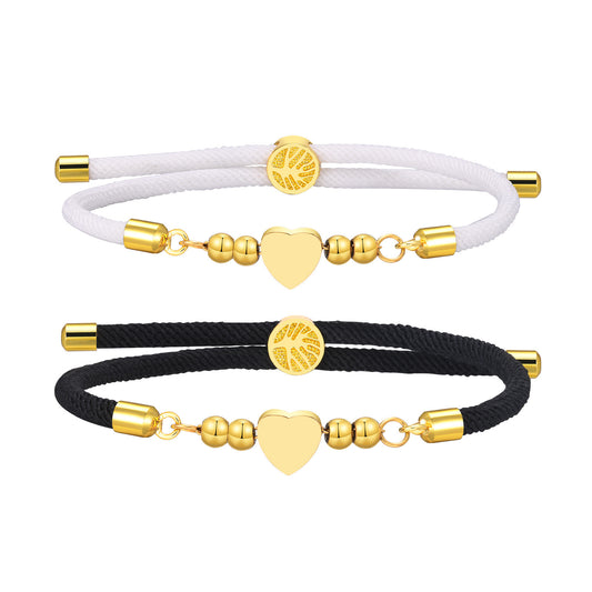 Stainless Steel Heart-Shaped Gold Round Beads Copper Tree Of Life Black Milan Rope Bracelet