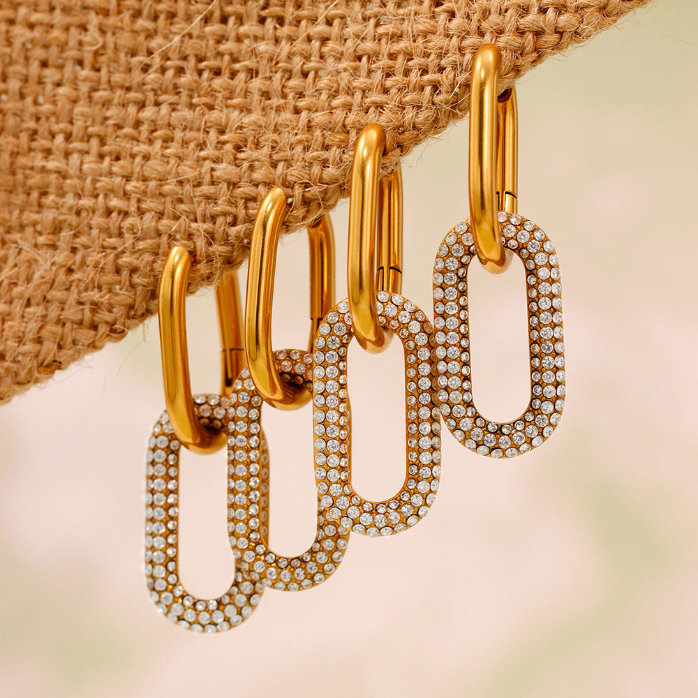 Planderful Stainless Steel Double Oval Ring Earrings Zircon