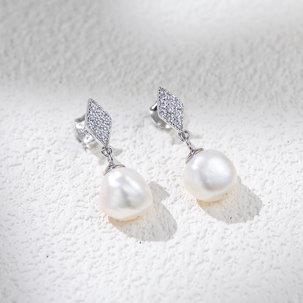 Planderful S925 Sterling Silver Geometric Rhombus Pearl Zircon Drop Earrings For Women