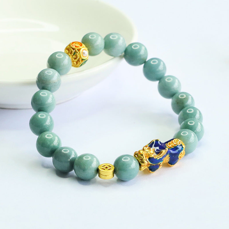 Blue Water Jadeite Pixiu 9 mm Beaded Bracelet
