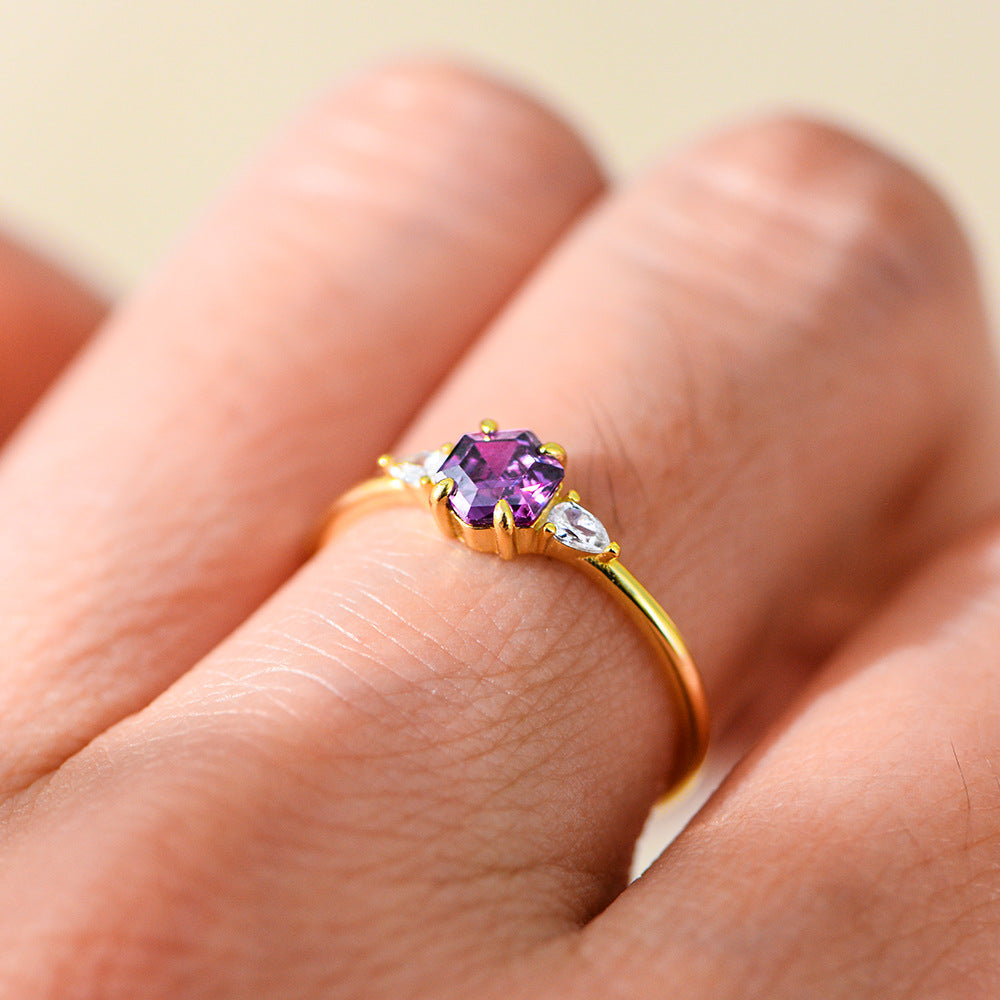 Planderful Sterling Silver Purple Zircon Hexagon Ring For Women Elegant Light Luxury Jewelry