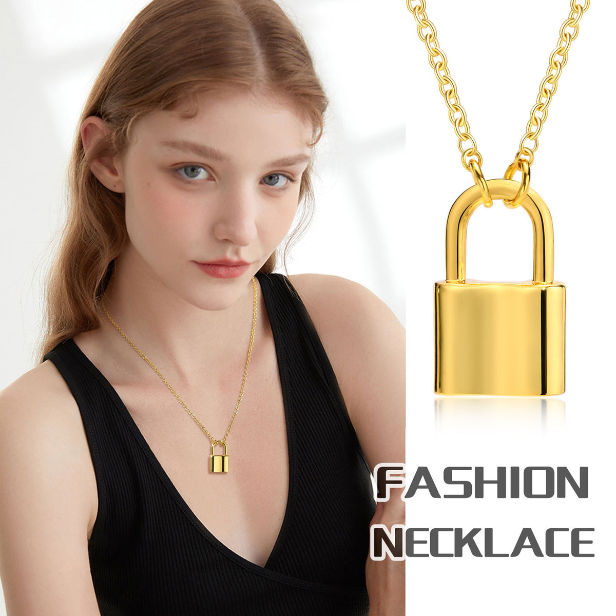 Unisex Item Copper Plated 18K Gold Lock Pendant Necklace