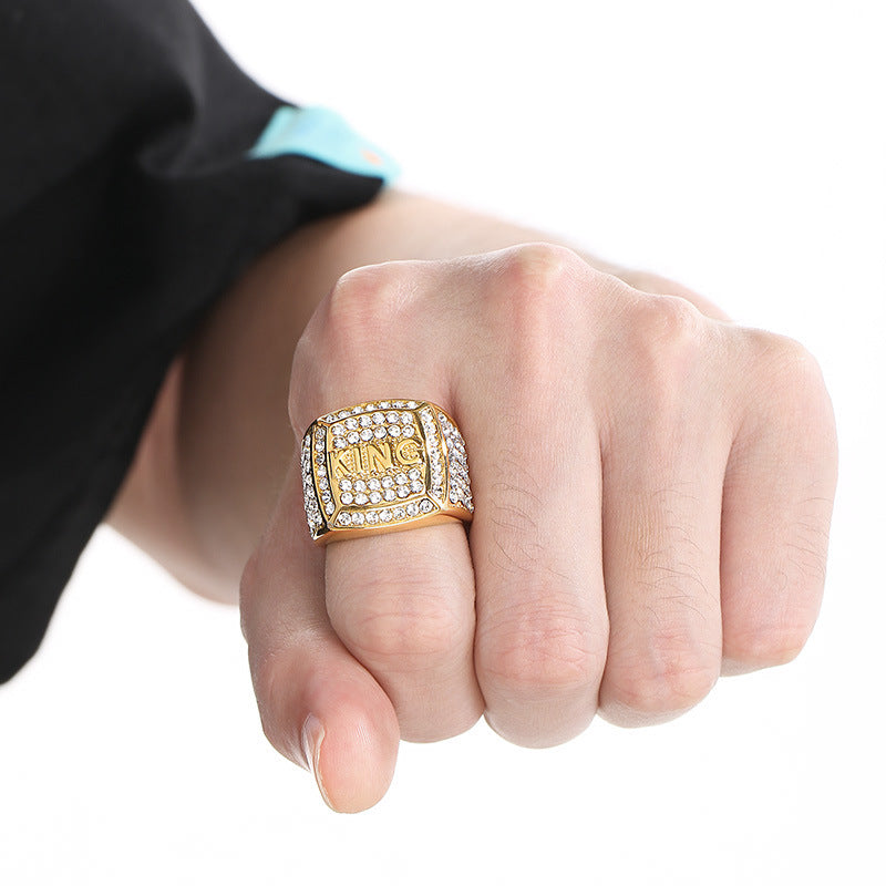 Planderful Zircon Square Ring Gold Plated Hip Hop King Men