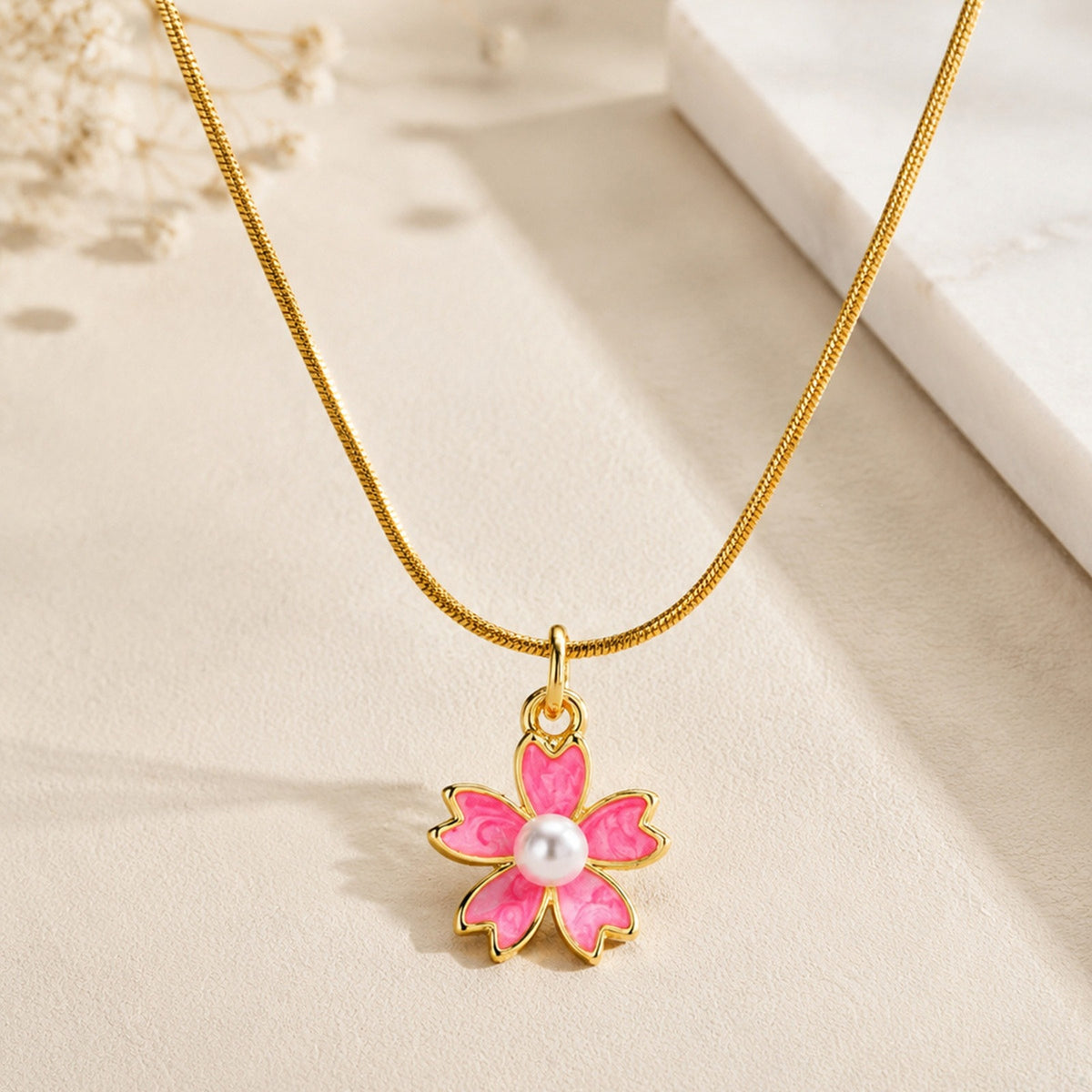 Ladies Pink Oil Drop Flower Imitation Pearl Pendant Necklace – Copper Sweet Flower