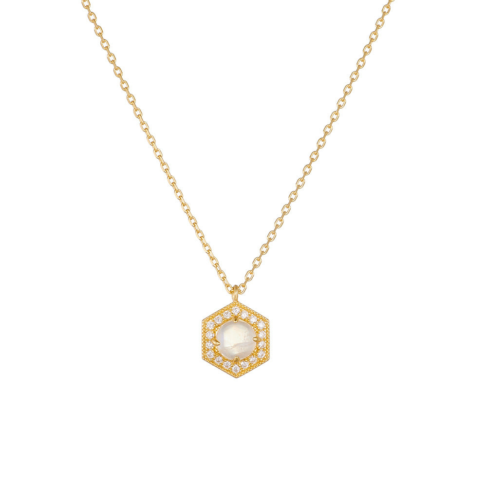 Retro Minimalist Geometric Hexagonal Natural Moonstone Pendant Necklace High-End