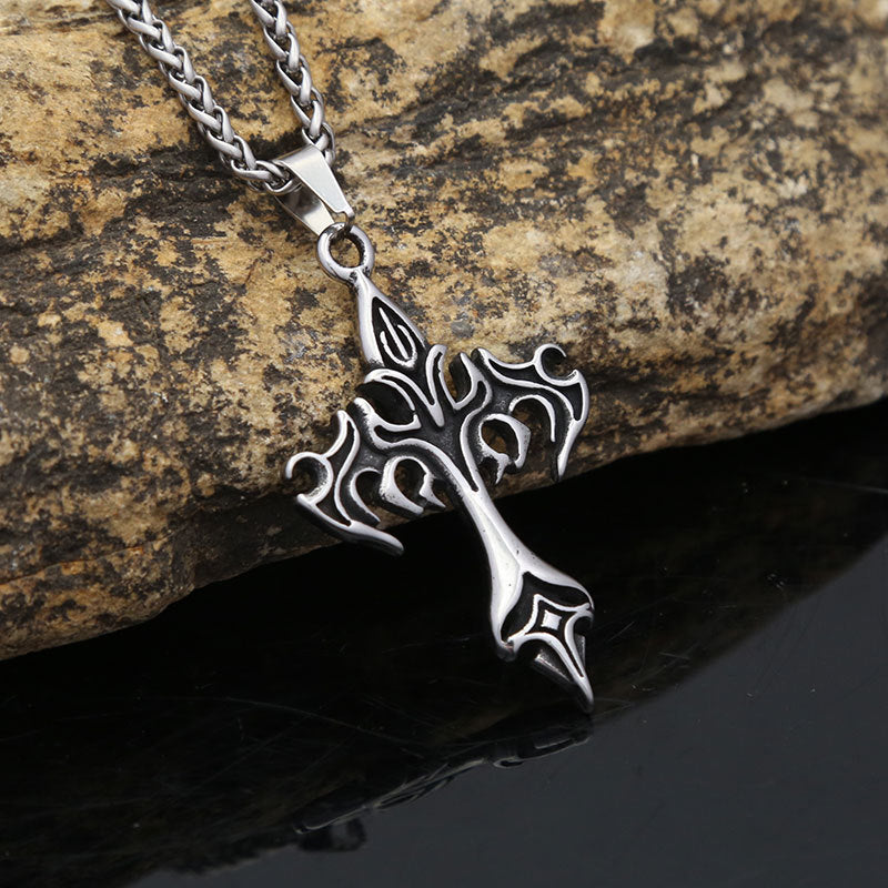 Gothic Style Bat Flame Cross Titanium Steel Pendant Necklace