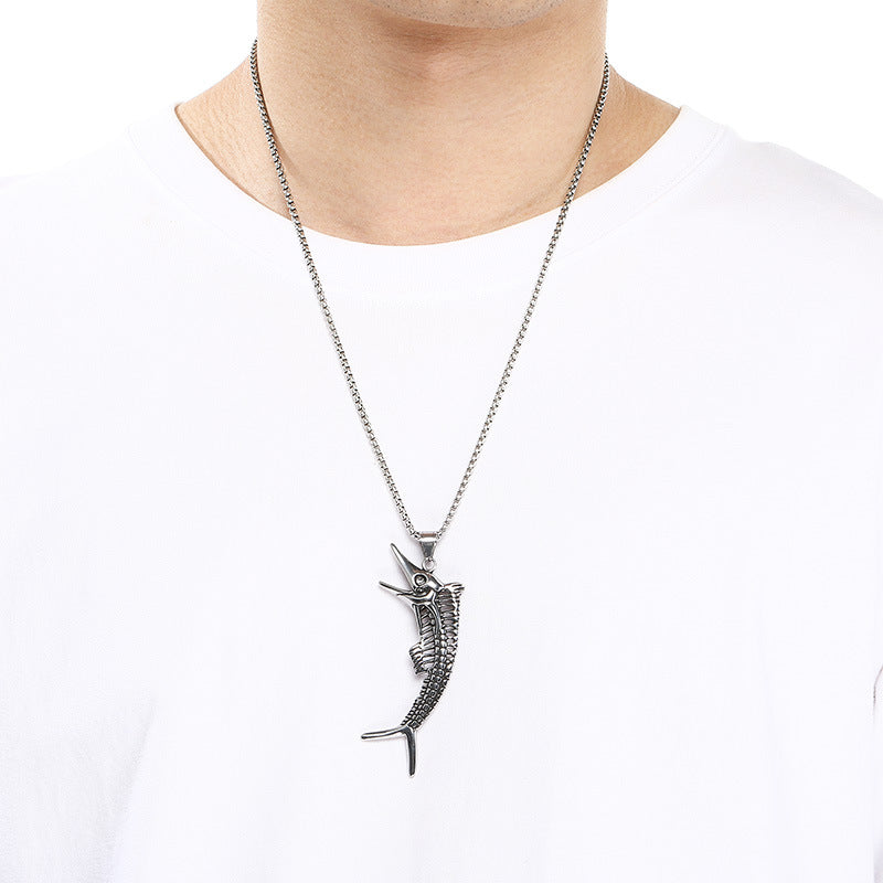Popular Marine Life Octopus Pendant, Punk Style Old Smear Hollow Fish Bone Titanium Necklace