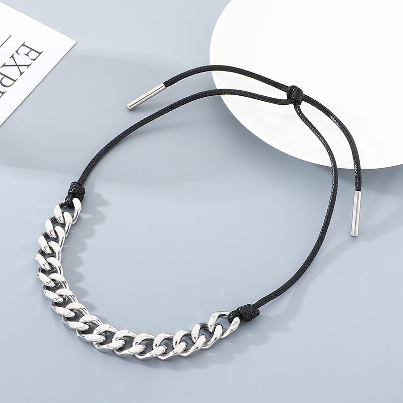 Vintage Necklace, Western Denim Black Wax Rope Splicing Cuban Chain, Long Adjustable Stainless