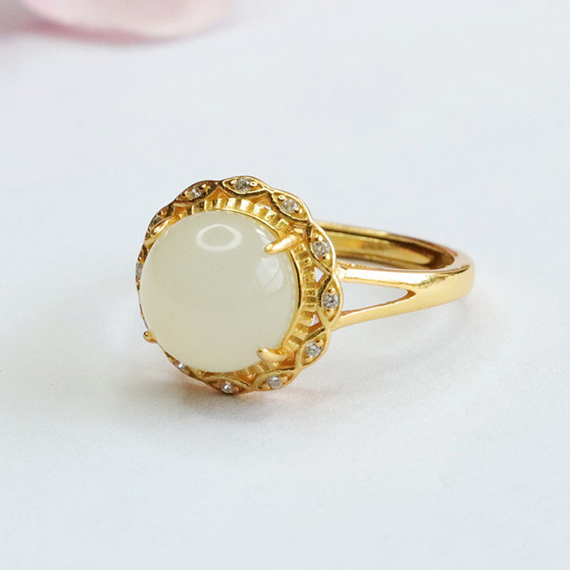 Sterling Silver Natural Hetian Jade and Zircon Round Ring