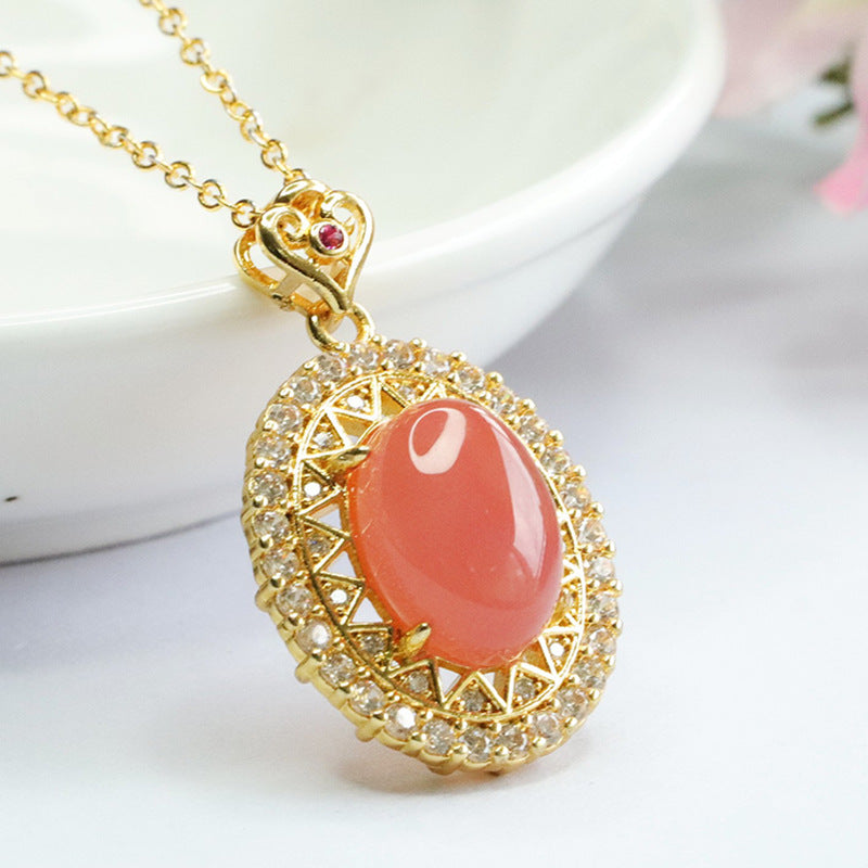 Halo Necklace with Pigeon Eggs Agate Pendant and Zircon Accents