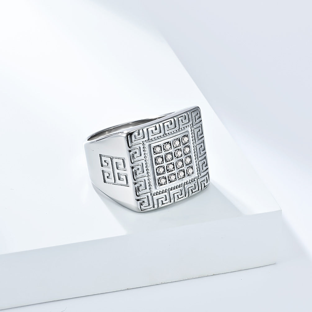 Planderful Mens Titanium Steel Ring 18K Gold Plated Great Wall Pattern With Zircon Hip Hop Trendy Hand Jewelry