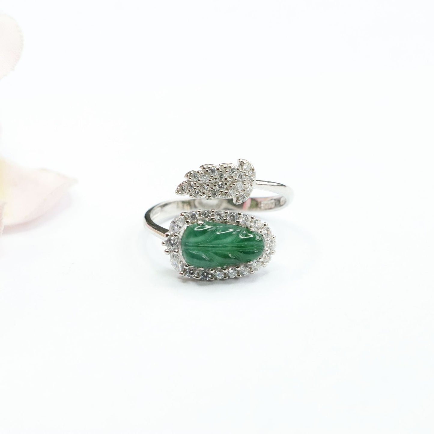 Emperor Green Jade Leaf Sterling Silver Ring