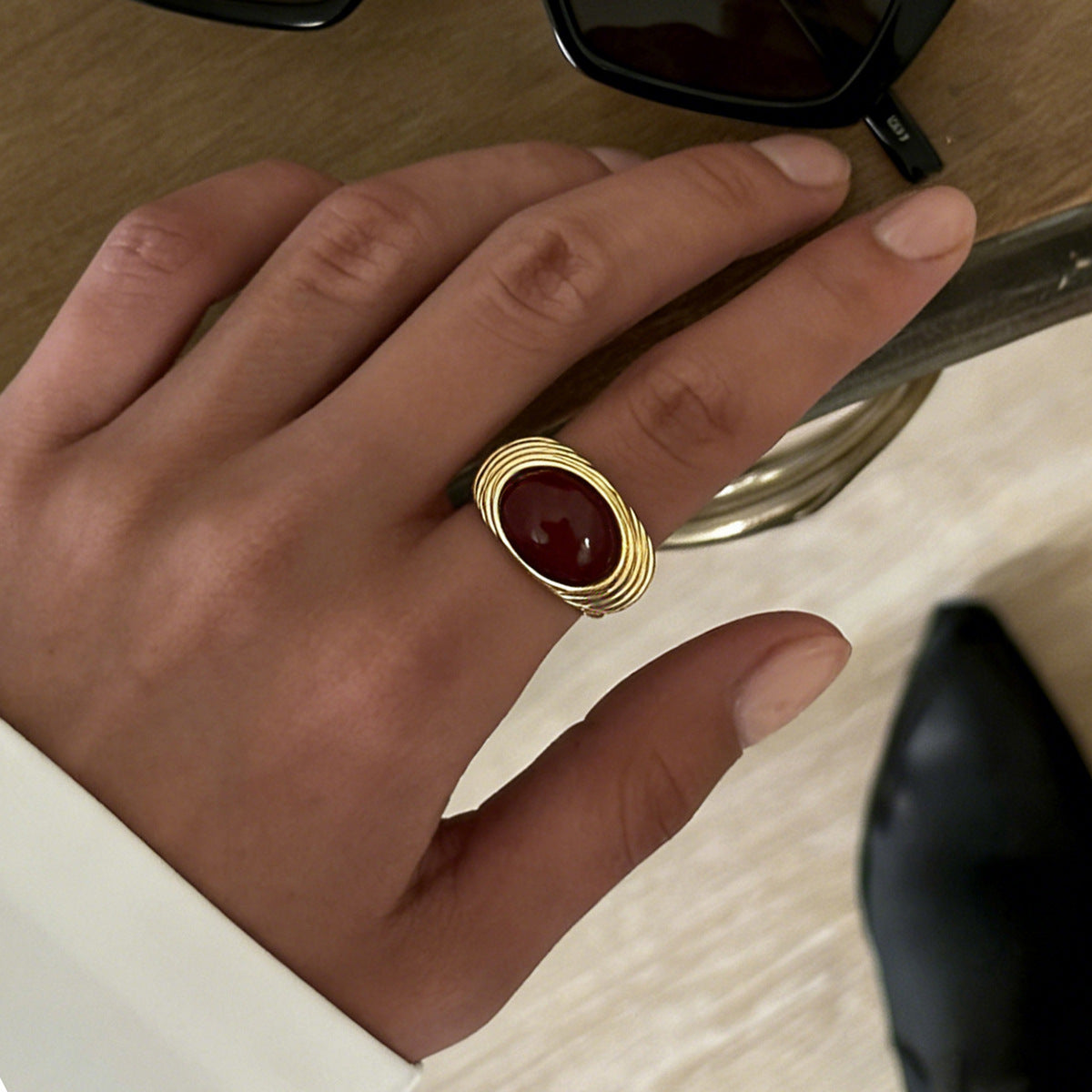 Planderful Vienna Verve Retro European Red Stone Open Ring For Women Geometric Oval Statement