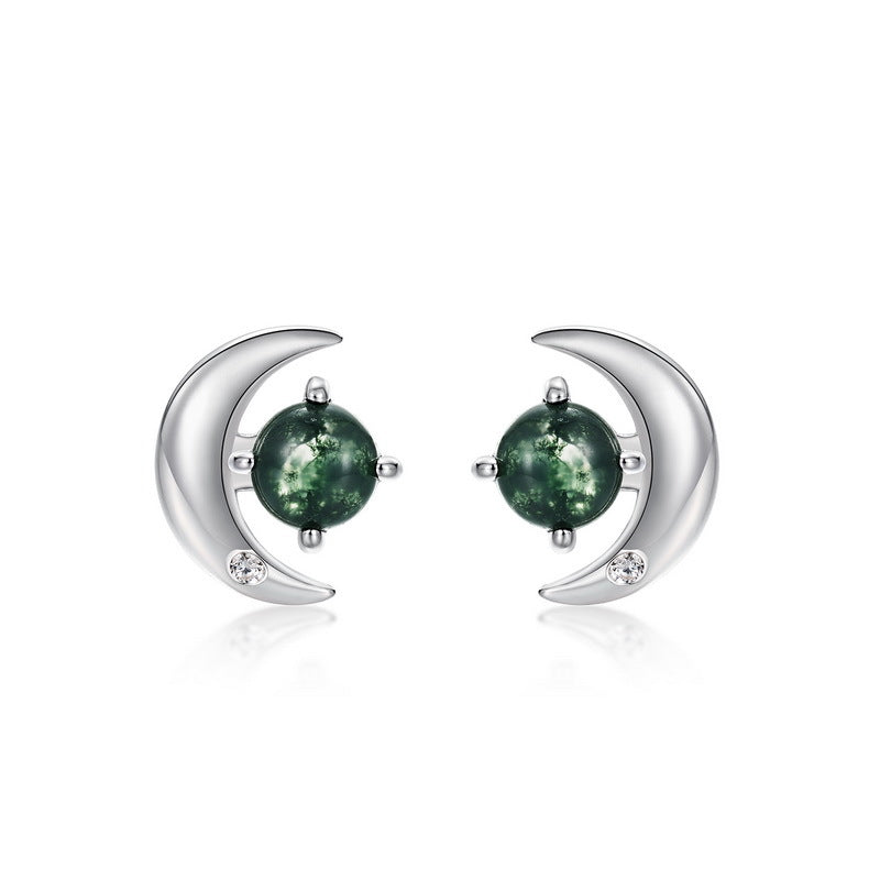 S925 Sterling Silver Moss Agate Crescent Moon Stud Earrings