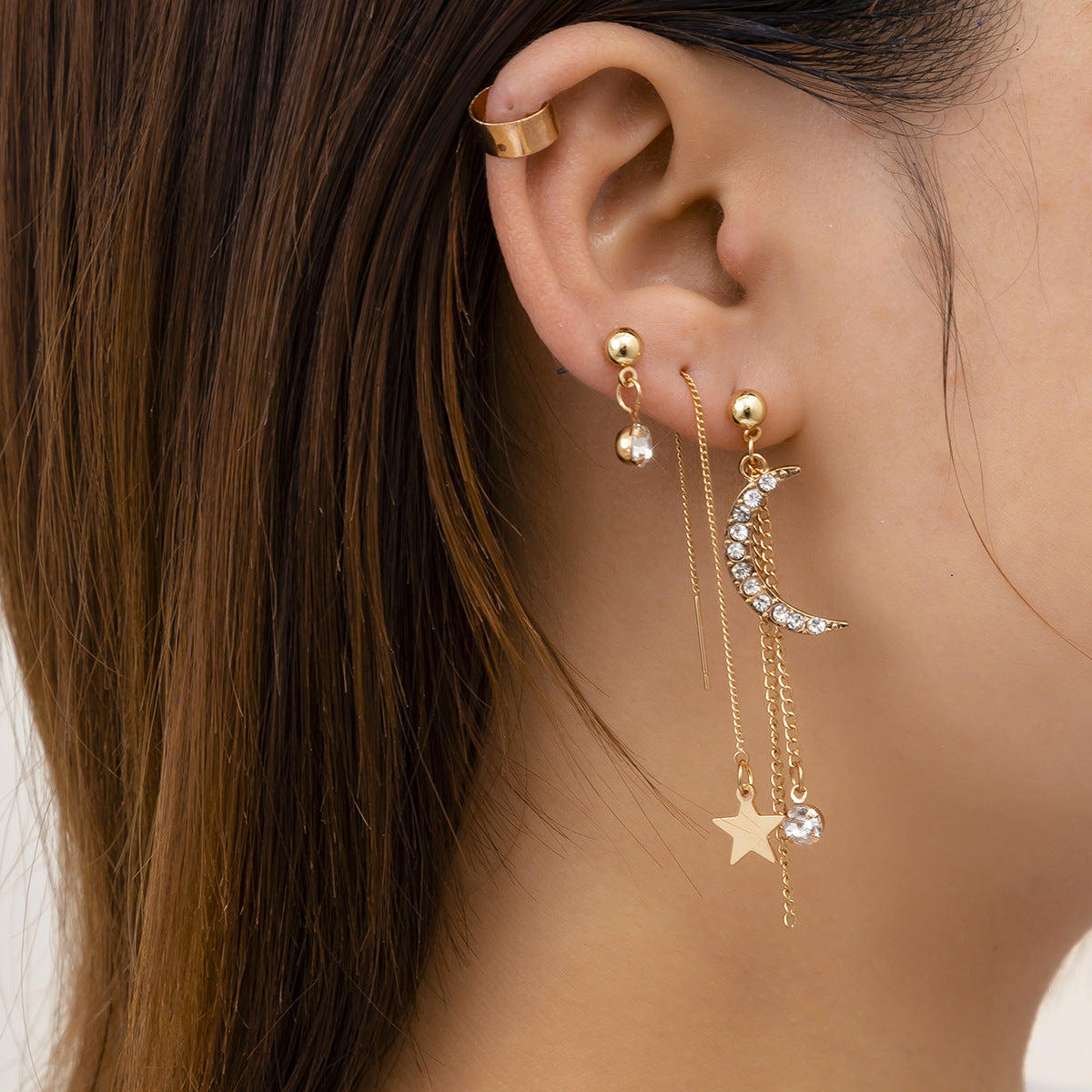 Sparkling Starry Night Tassel Earrings with Geometric Chains and Moon Accents