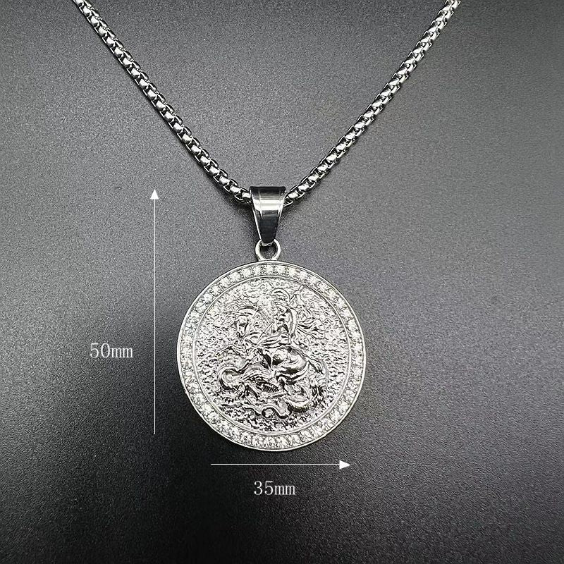 Planderful Everyday Genie Hip Hop Necklace For Men Titanium Steel Gold Plated Zircon St George Dragon Pendant