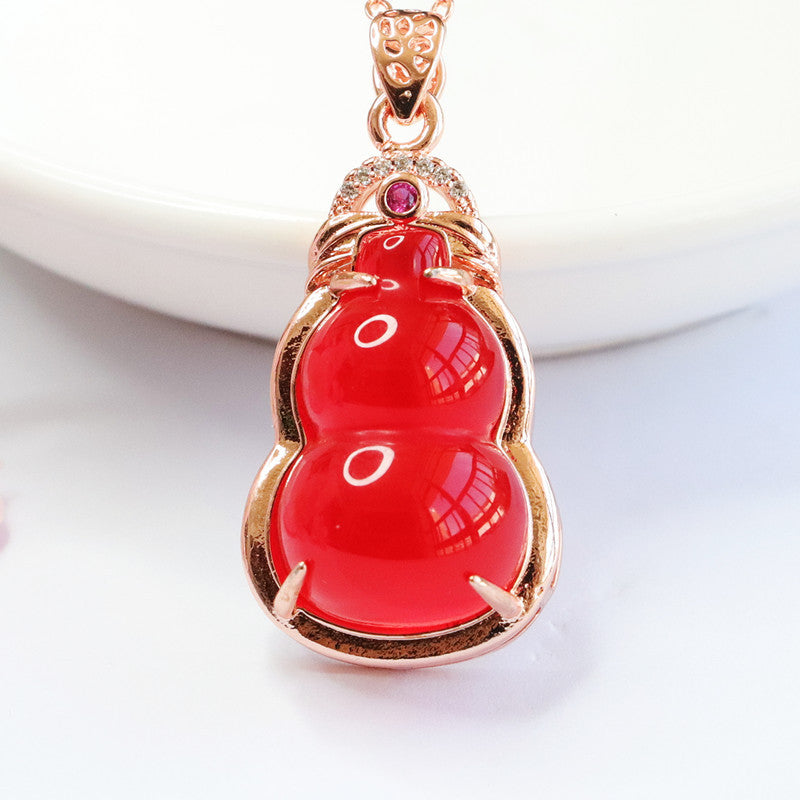 Red Agate Gourd Rose-Gold-Tone Pendant — No Chain