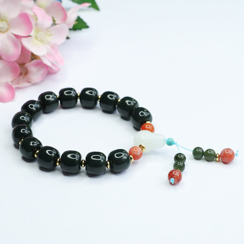 Dark Taqing Hetian Jade & White Agate Bracelet