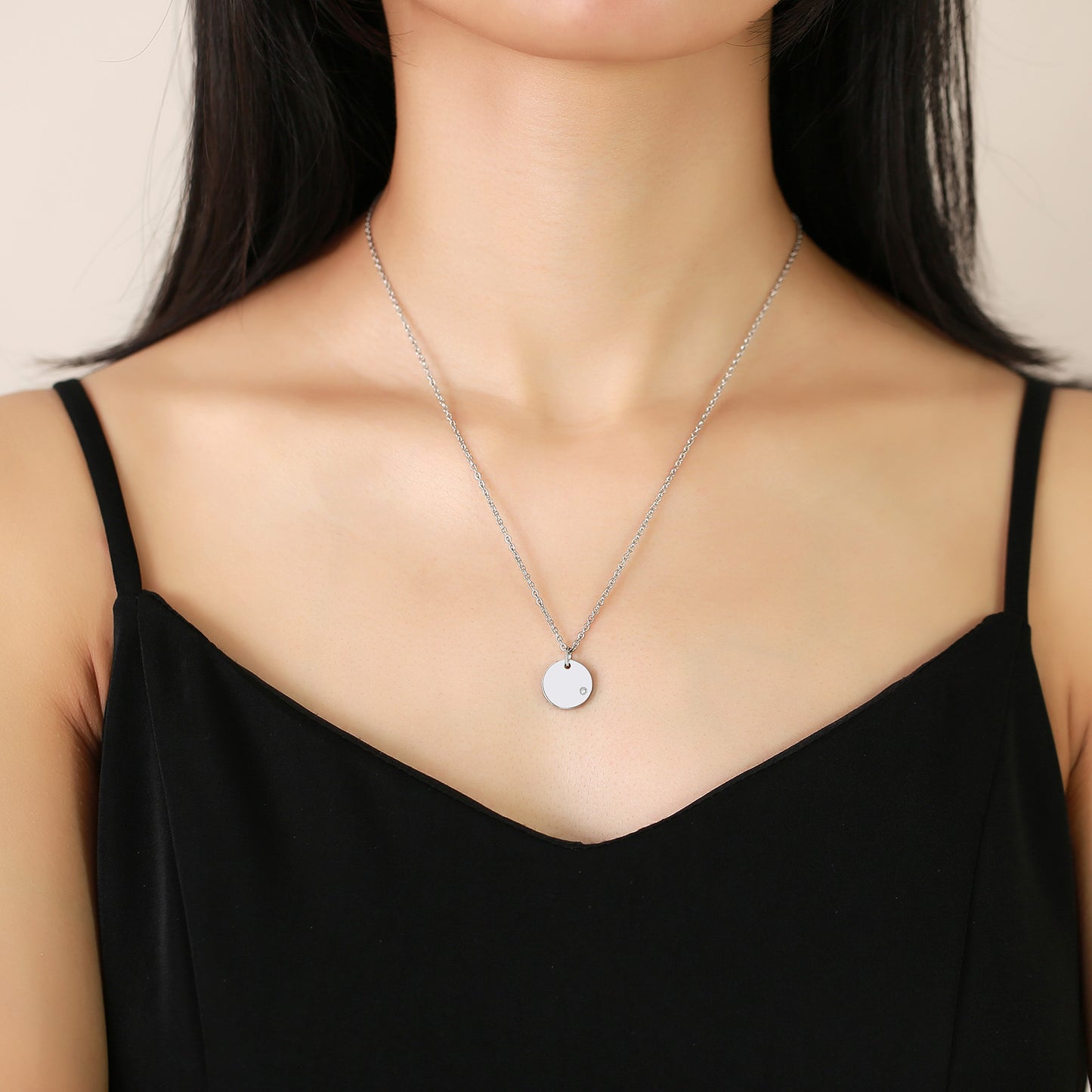 Stainless Steel Necklace Golden Lady Zircon Round Jewelry