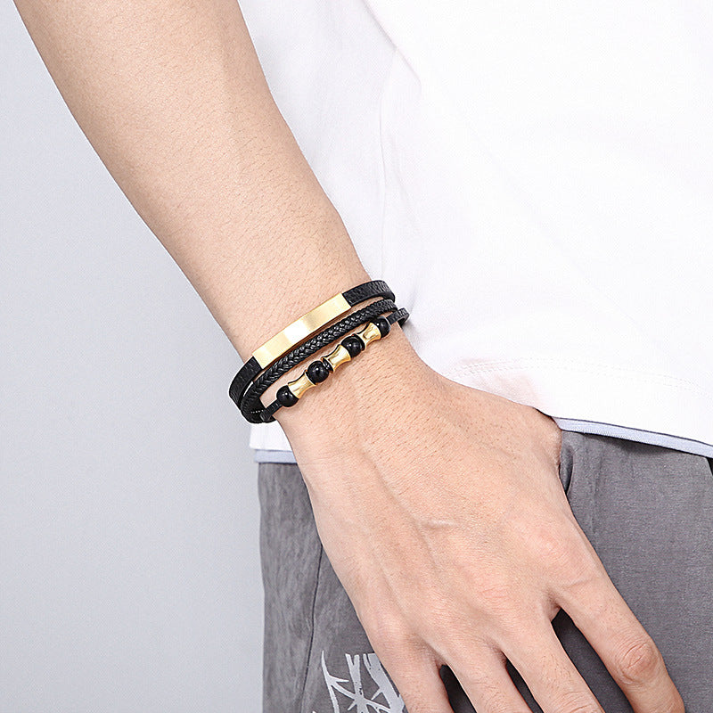 Planderful Mens Stainless Steel Braided Leather Bracelet