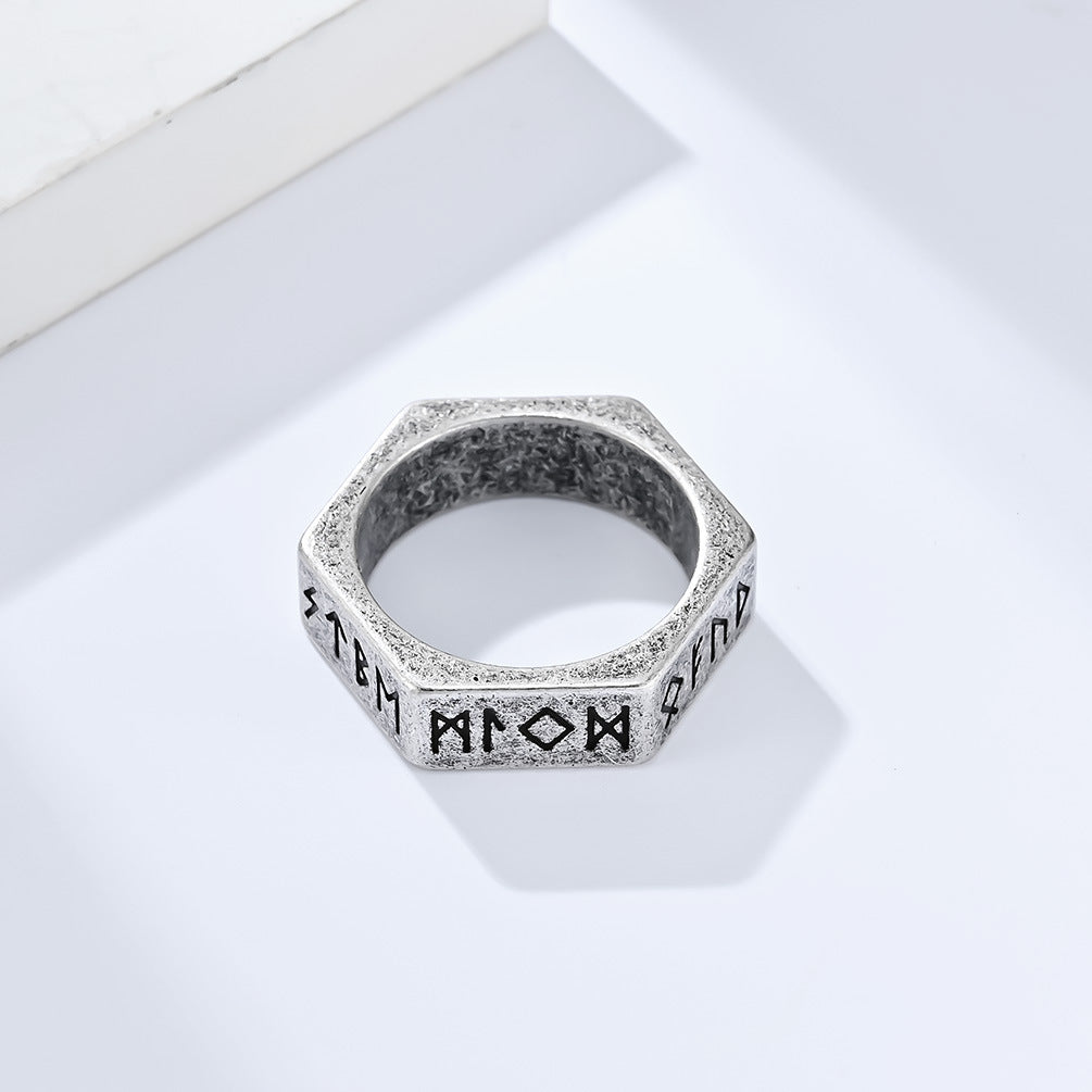 Planderful Everyday Genie Stainless Steel Ring With Hexagonal Niche And Pirate Viking Text For Hipster Vibe