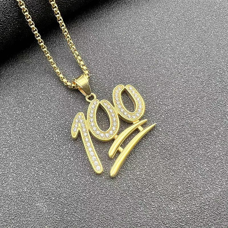 Planderful Hip Hop Necklace Gold Plated Zircon Pendant Titanium Steel 100Point Jewelry For Trendsetting Fans