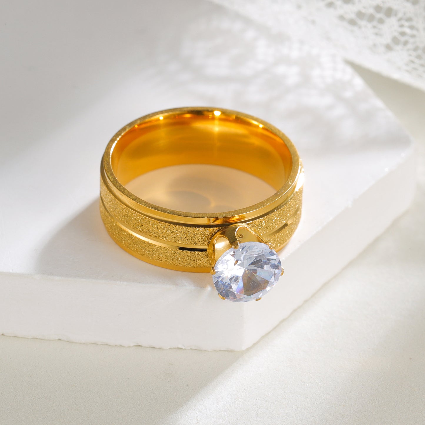 Planderful Gold Matte Stainless Zircon Ring For Women