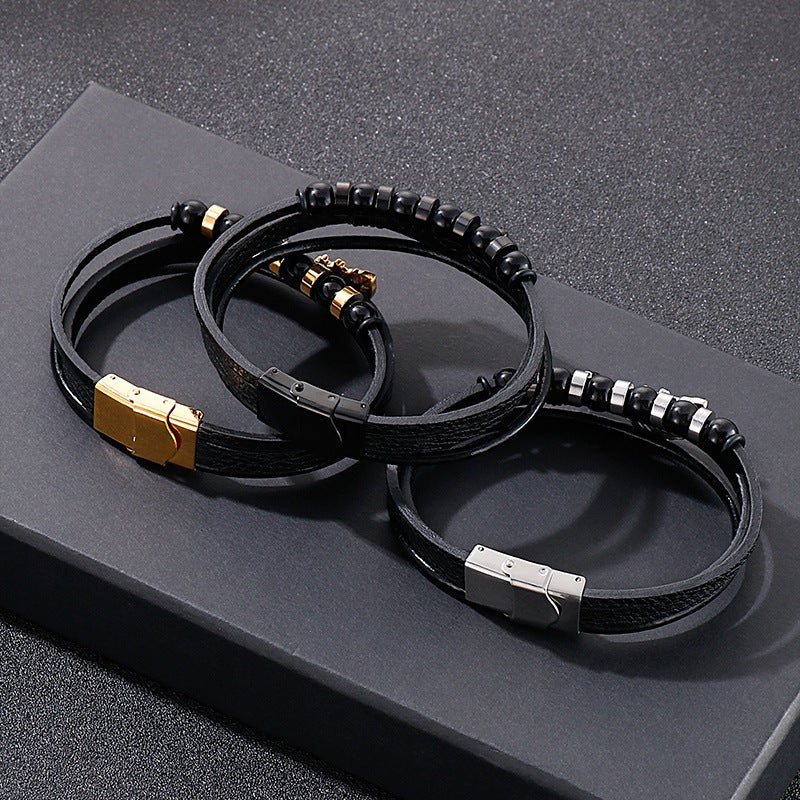 Planderful Multi Layer Feather Woven Leather Bracelet For Men