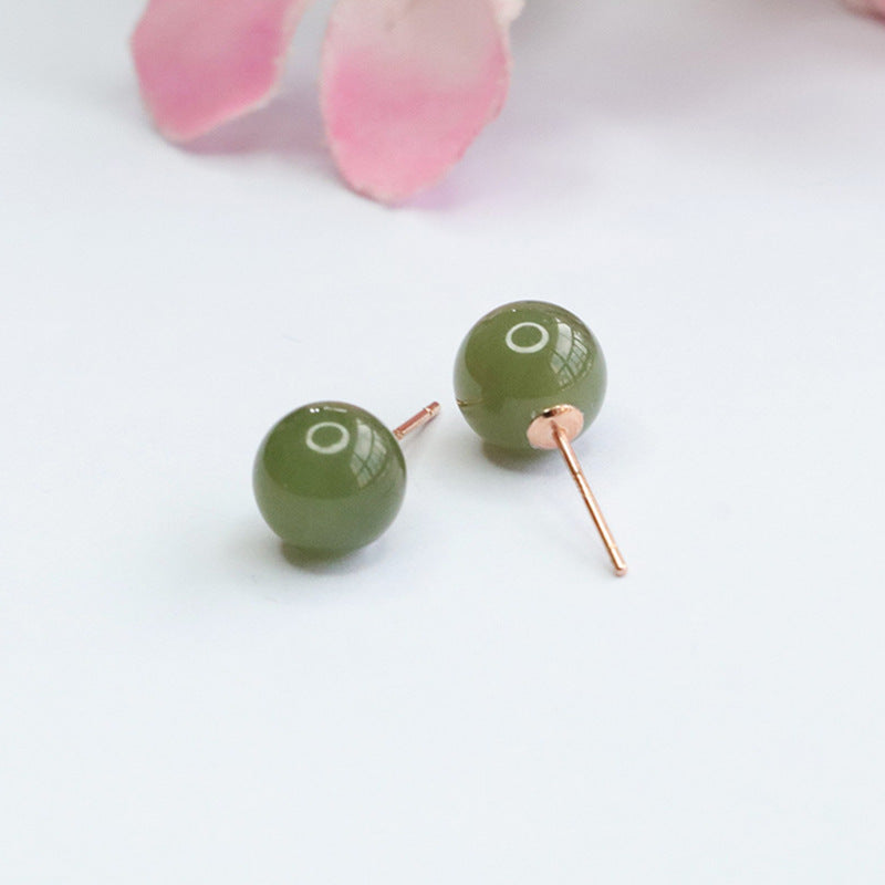 Sterling Silver Stud Earrings with Natural Hotan Jade Insets