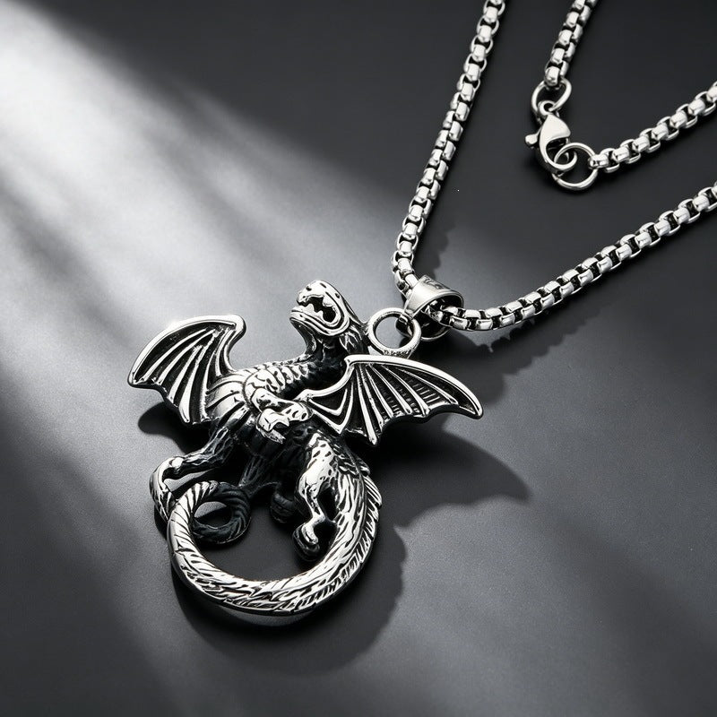 Chinese Style Retro Zodiac Dragon Necklace Stainless Steel Double Dragon Play Bead Pendant