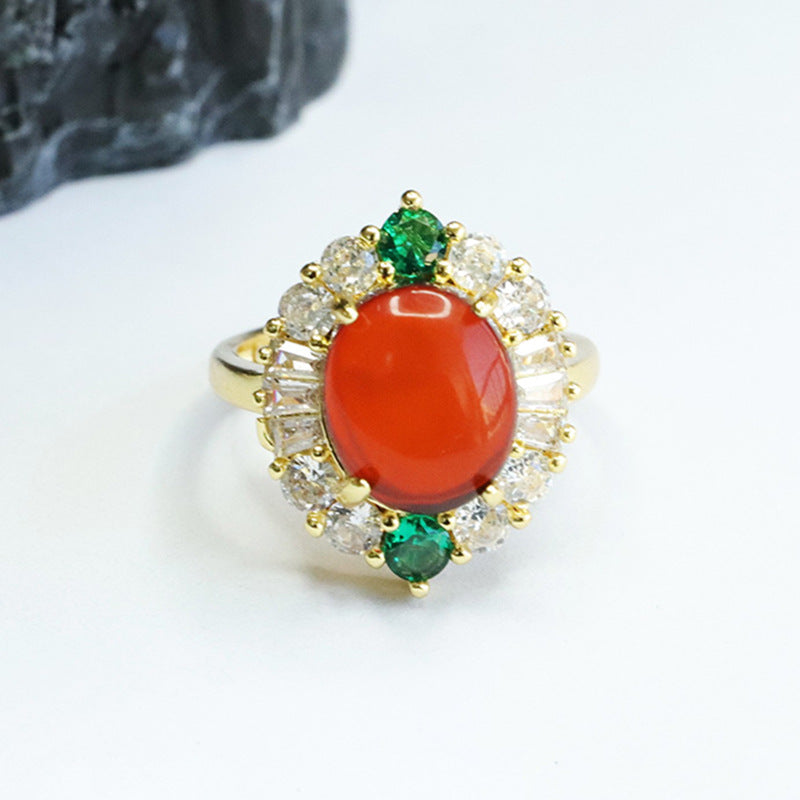 Blood Amber Oval Ring with Zircon Petals Halo, Sterling Silver and Beeswax Amber Jewelry