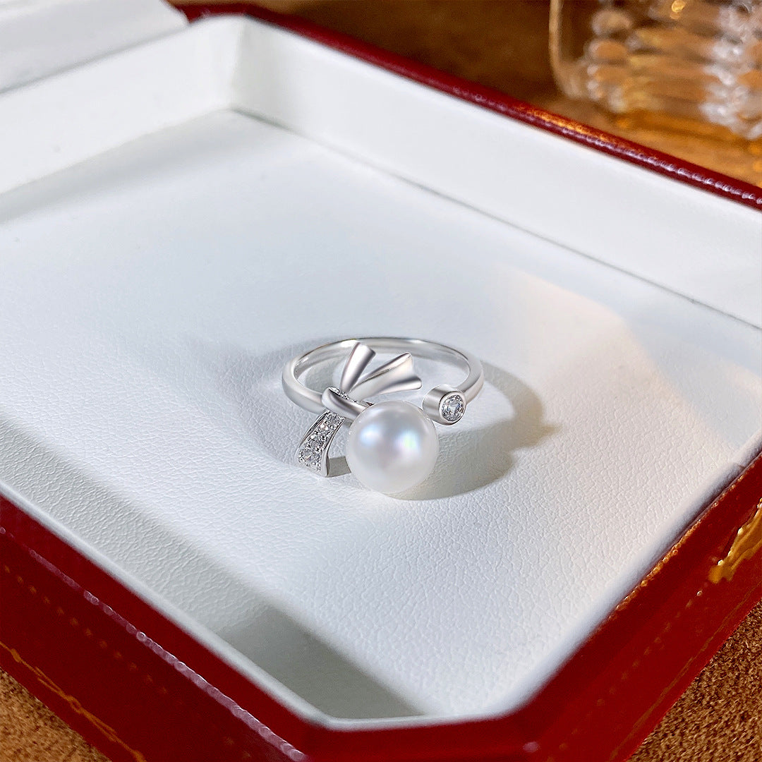 S925 Sterling Silver Freshwater Pearl Bow Ring — Adjustable