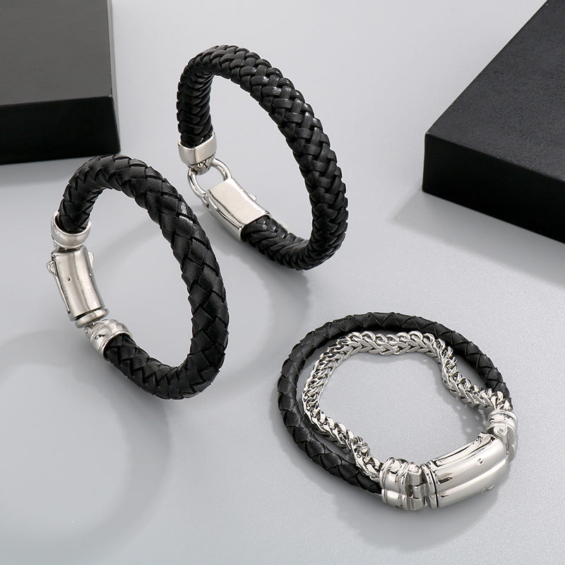 Stylish & Double-Layer Spliced Leather Bracelet – Vacuum Electroplated Spring Buckle