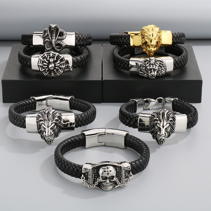 Two-Layer Leather Woven Bracelet – Casting Lion Head Snake Head Ghost Head Titanium