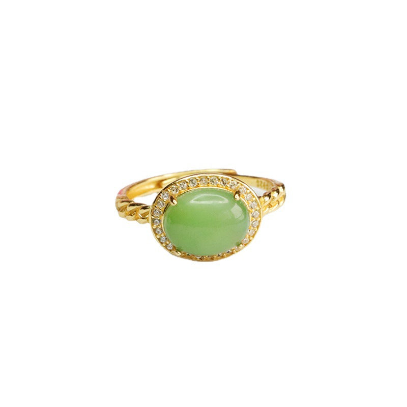 Jade Jasper Zircon Halo Ring - Adjustable Oval Silver Ring