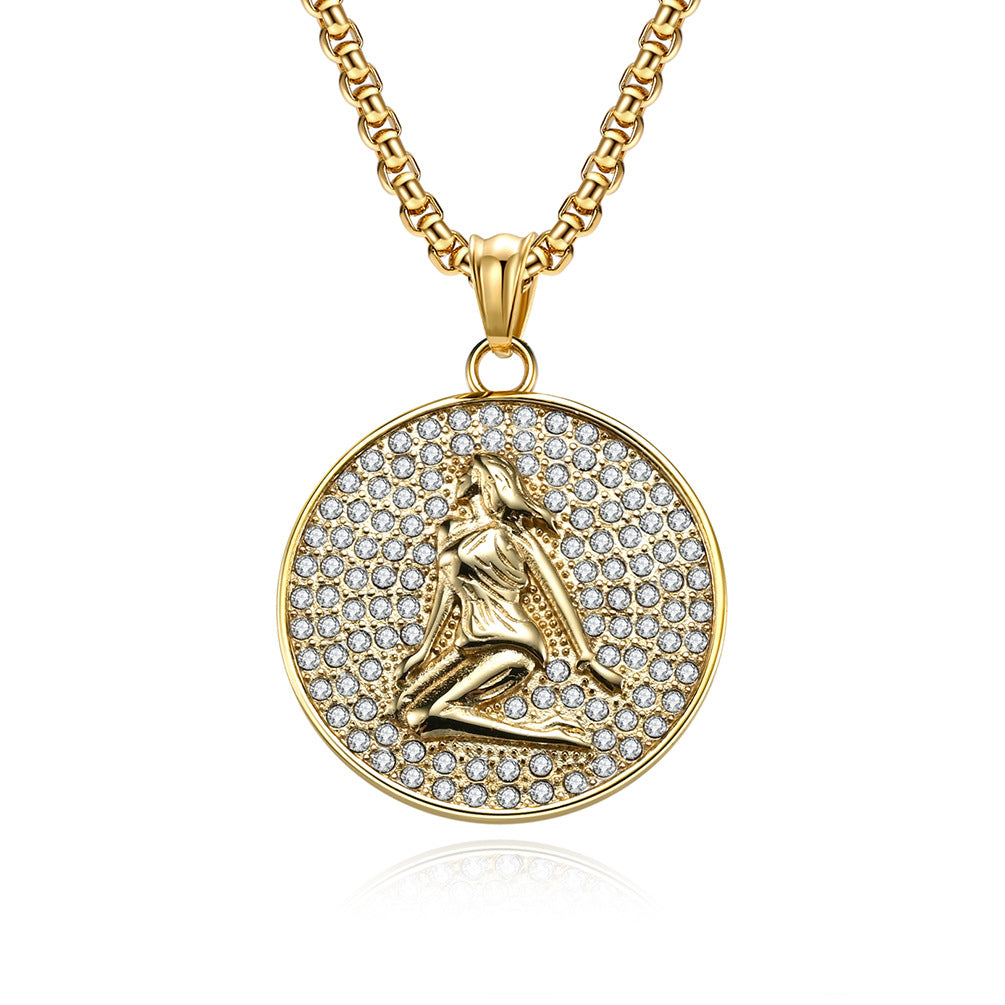 Planderful Twelve Constellations Zircon Titanium Steel Pendant For Hip Hop Style Fans