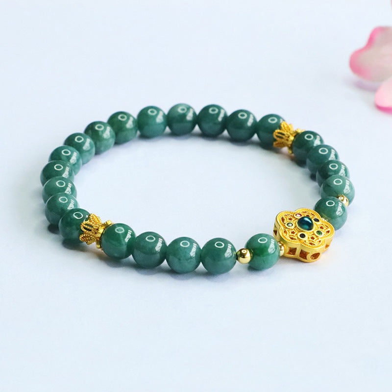 Blue Water Jadeite Five-Petal Flower Beaded Bracelet