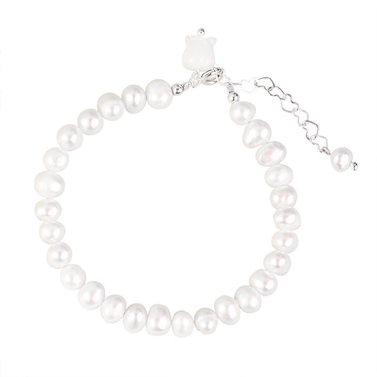 Exquisite Sterling Silver Freshwater Pearl Flower Bracelet