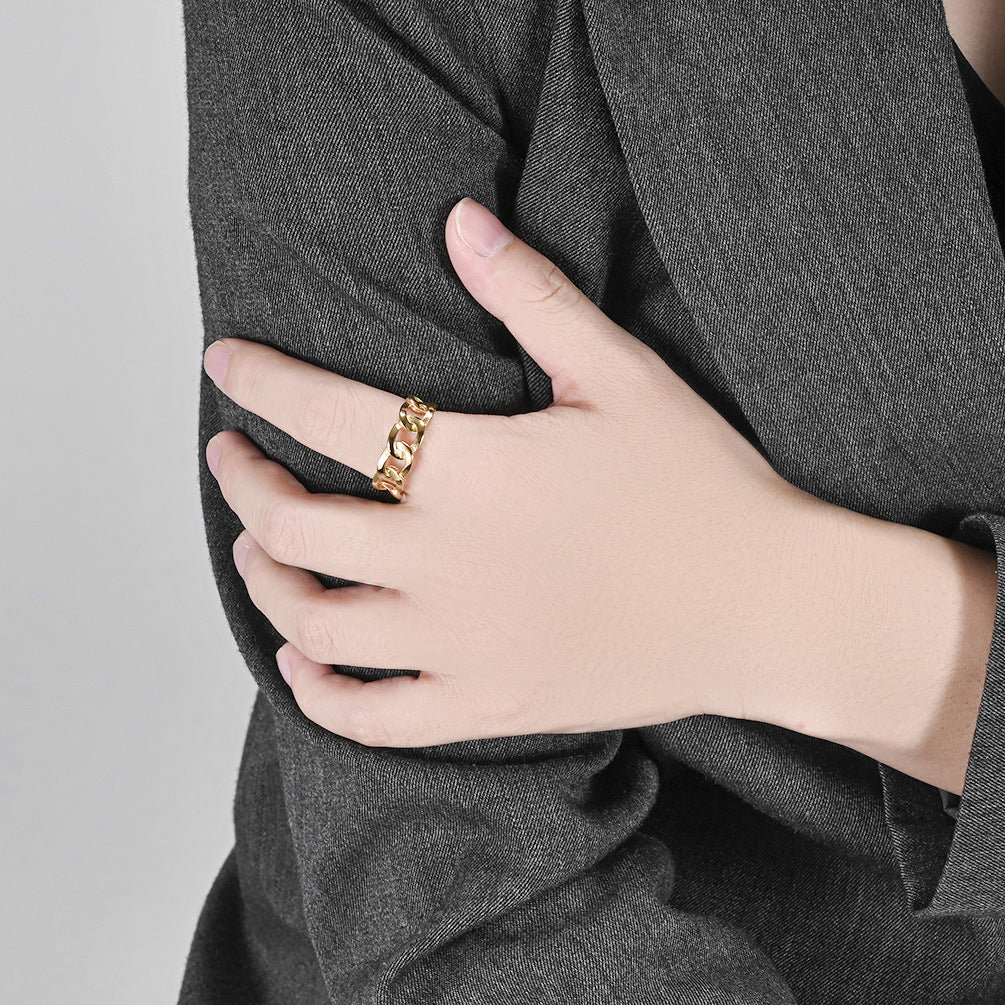 Ins Simple Hollow Cuban Chain Stainless Steel Ring for Men and Women Fashion Jewelry