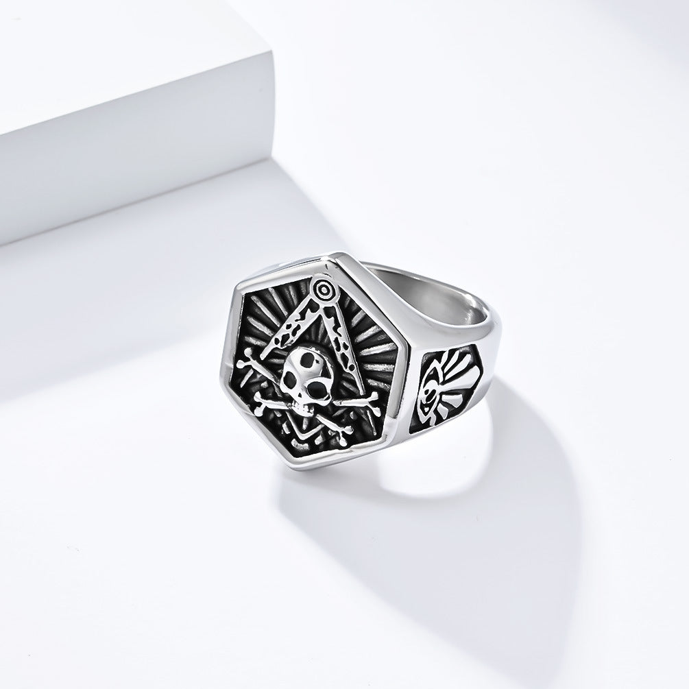Planderful Titanium Skull Ring For Men Freemasonry Inspired Hip Hop Style Skull Brotherhood Punk Jewelry