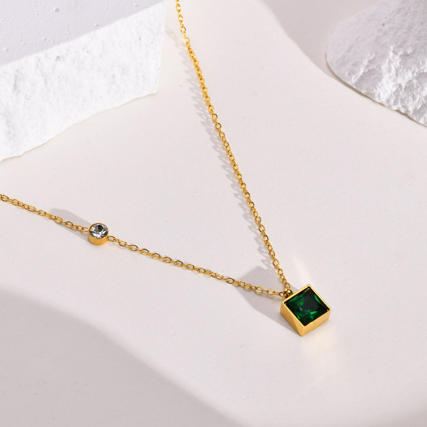 Geometric Necklace Stainless Steel Green Zircon Square Gold Women