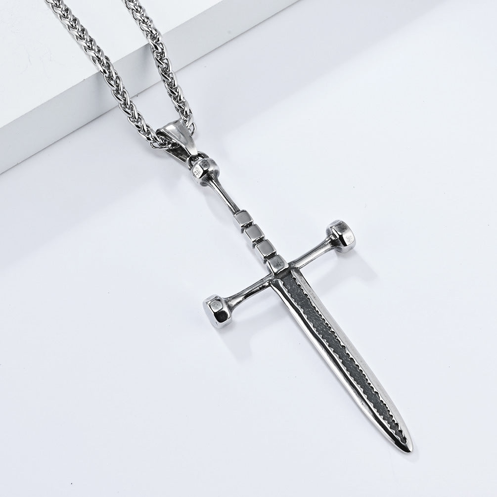 Planderful Double Bladed Cross Sword Necklace For Men Retro Self Defense Pendant Chain