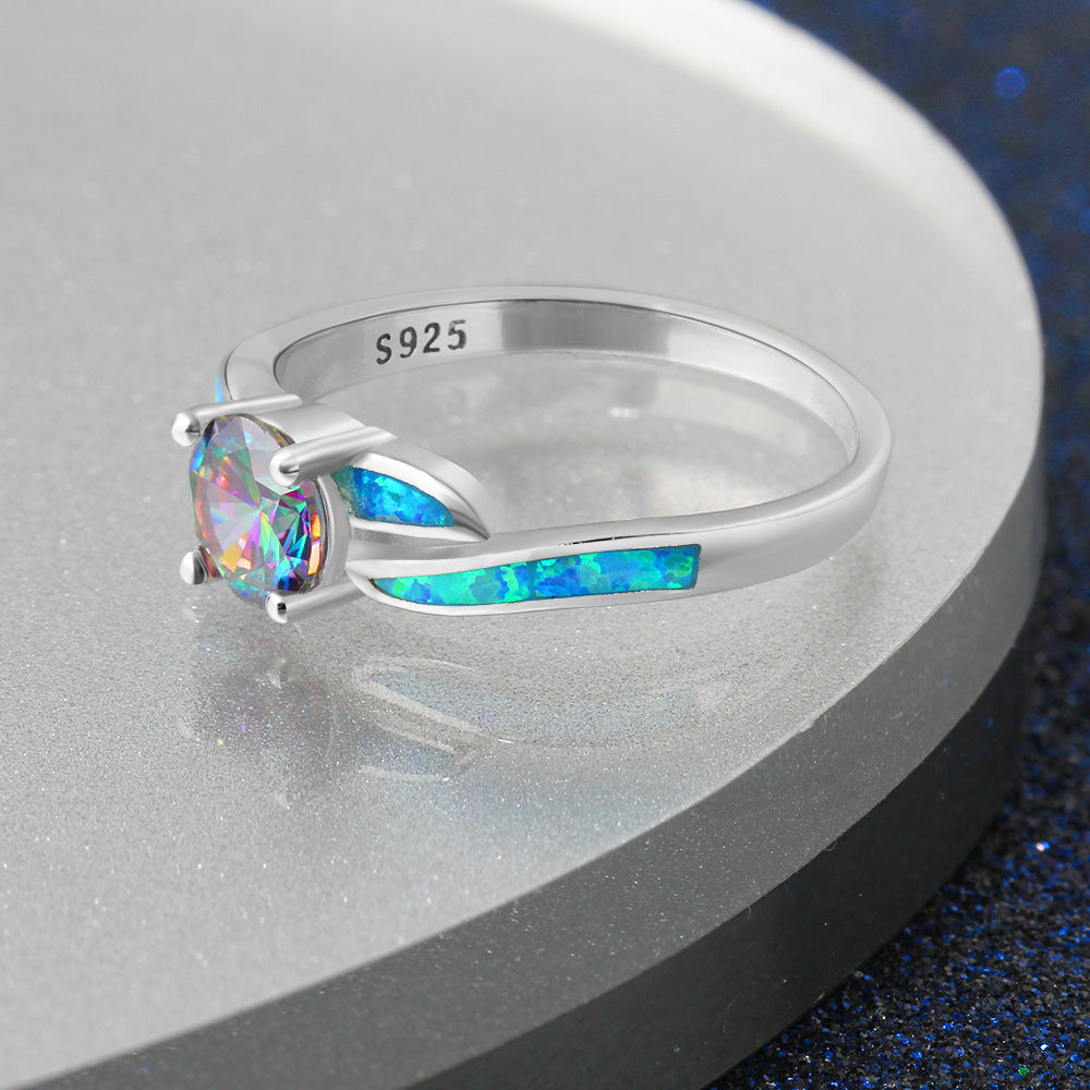 Planderful Jewelry Opal Ring In Sterling Silver With Colorful Play Of Color Gemstones