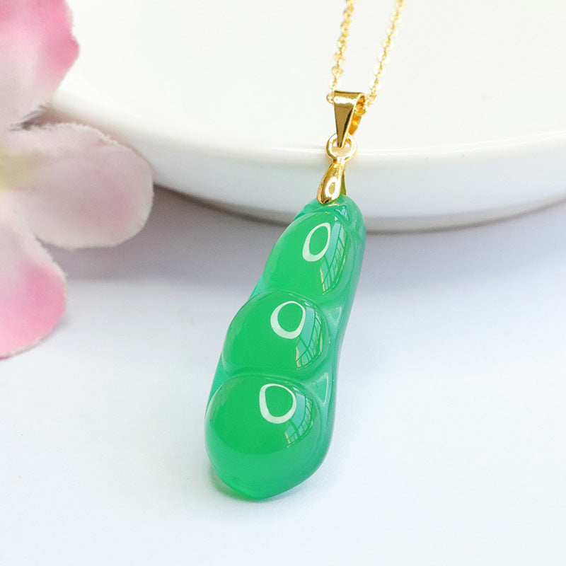 Golden Necklace with Natural Green Chalcedony Pendant