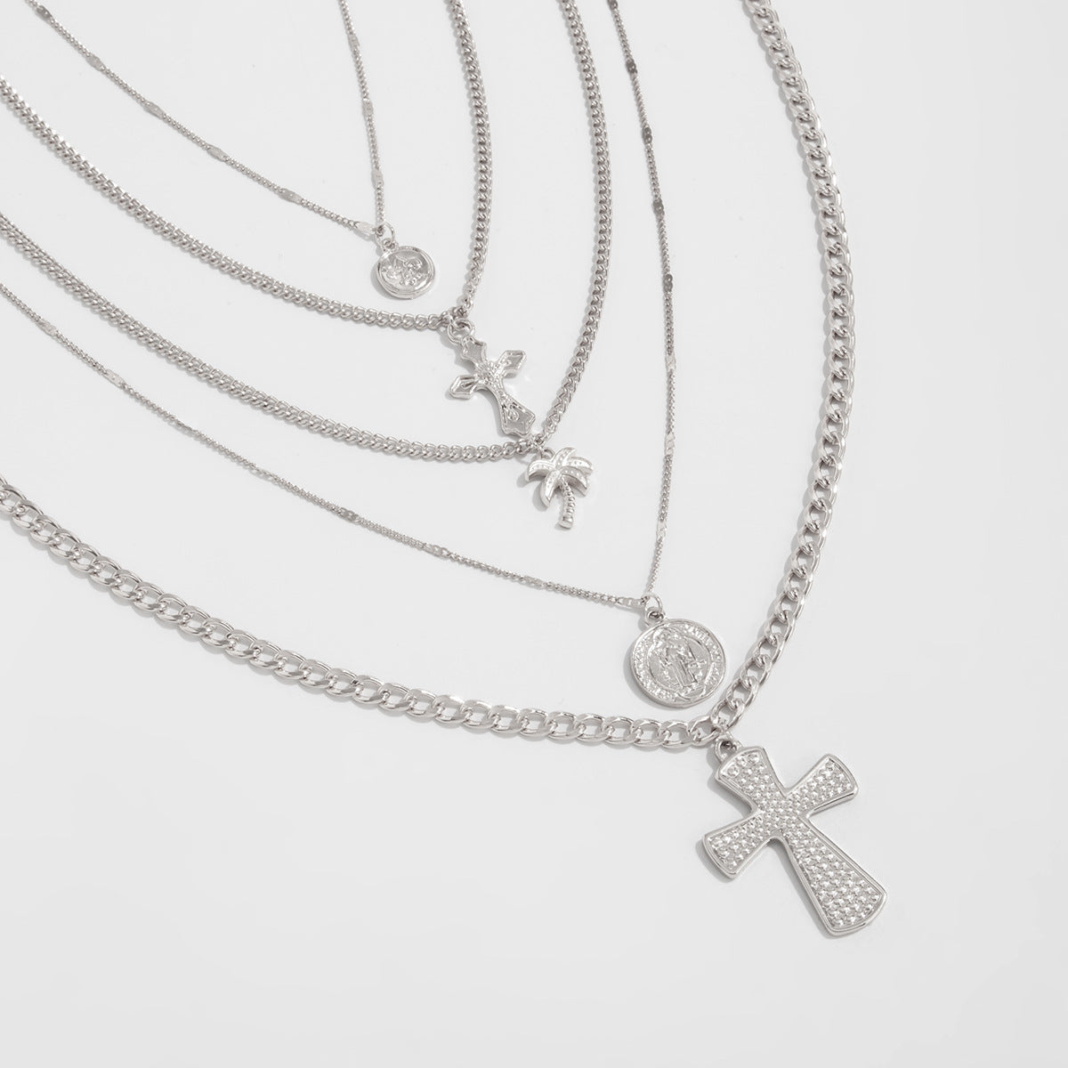 Palm Tree & Cross Layered Pendant Necklace