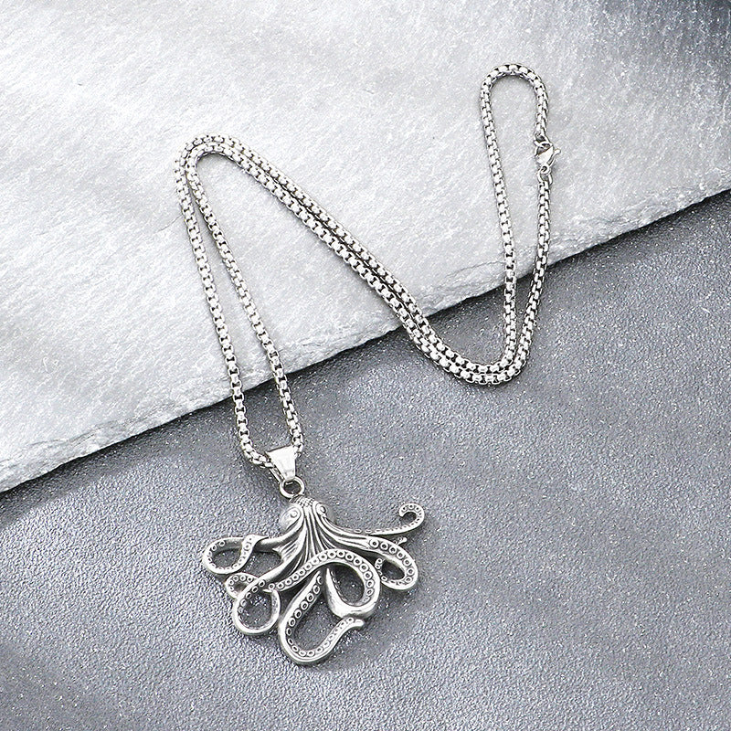 Popular Marine Life Octopus Pendant, Punk Style Old Smear Hollow Fish Bone Titanium Necklace