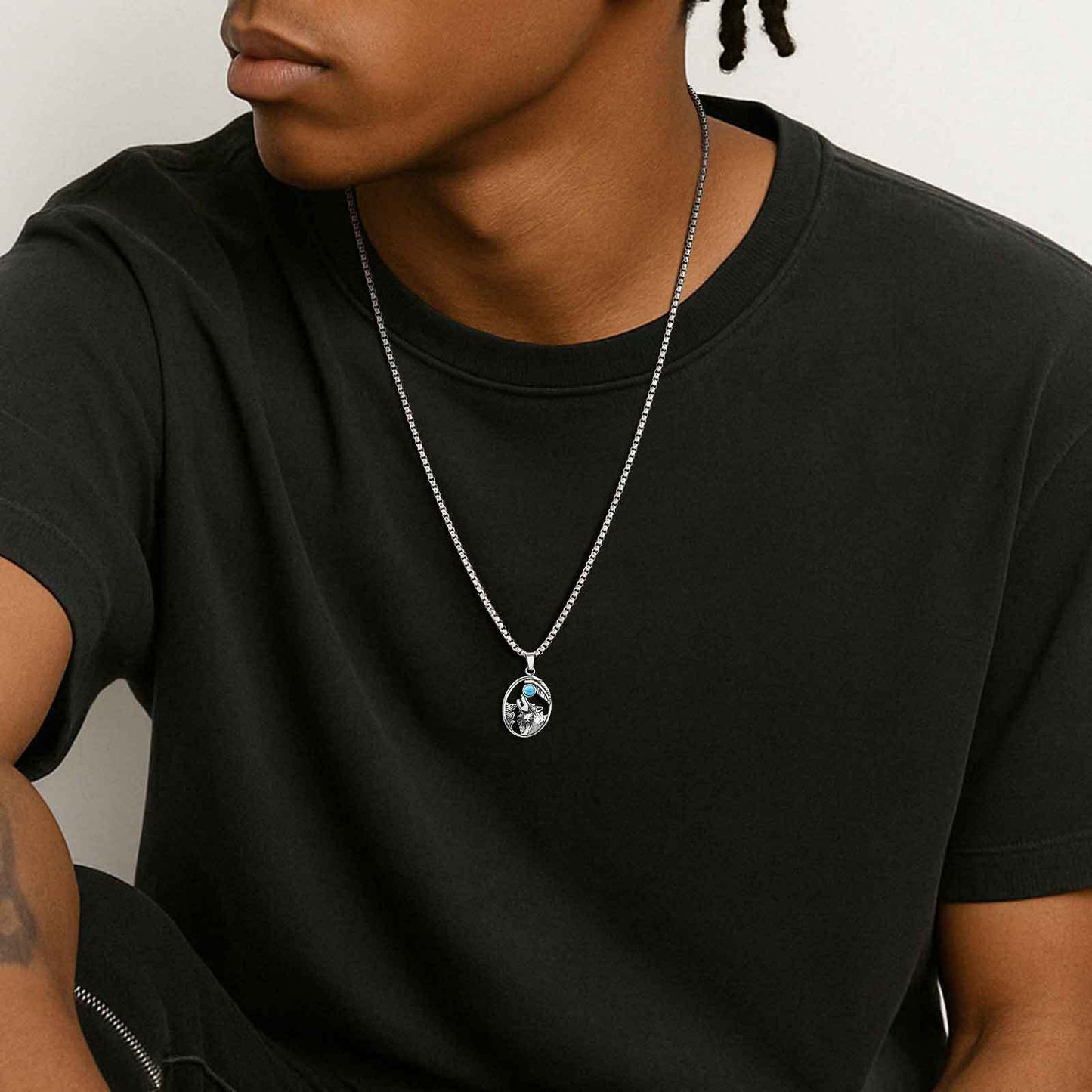 Planderful Wolf Head Turquoise Pendant for Men Hip Hop Style